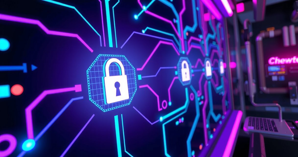 Futuristic digital interface representing secure data protection in a cyberpunk gaming environment